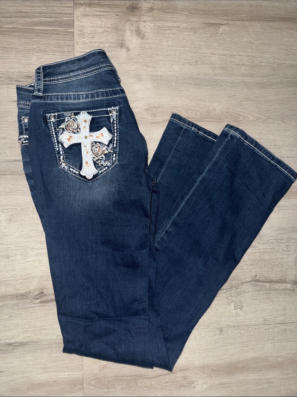 Grace in la Women's Dark Blue Bootcut Jeans with Embroidered Cross Pocket